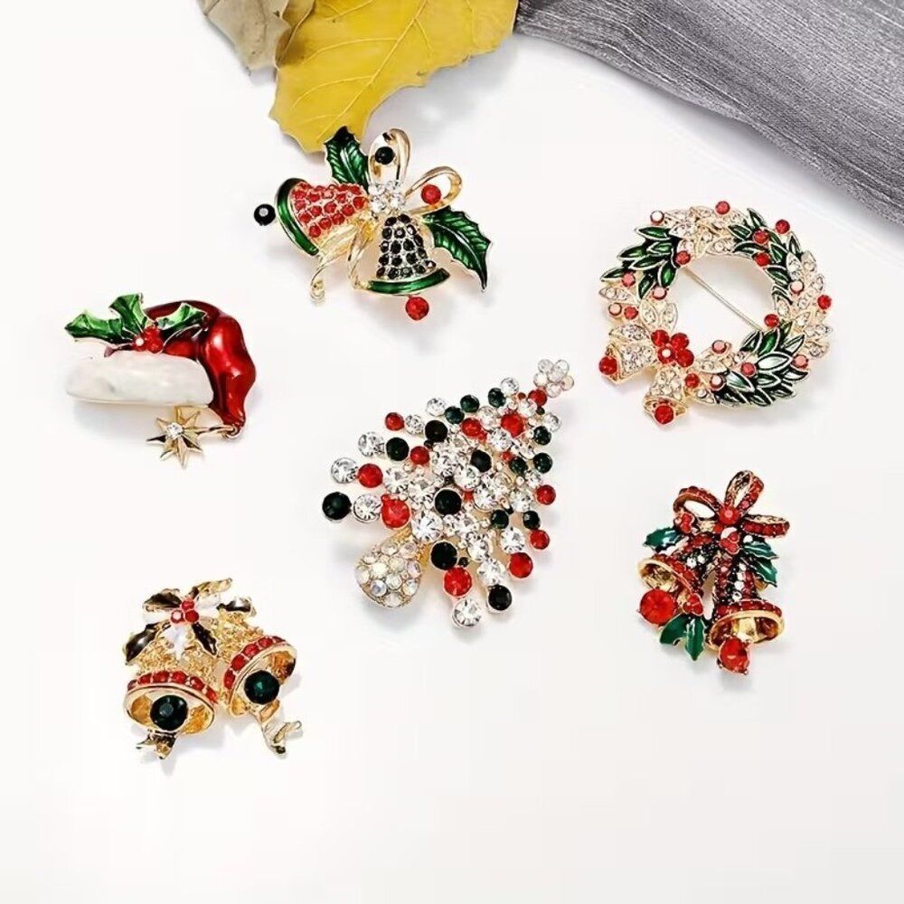 Festive Holiday 6pcs Vintage Style Shiny Enamel Christmas Brooch Set for Women